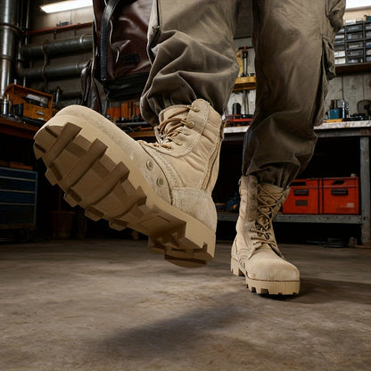 Beige men's lace-up boots with a zipper and rugged tread