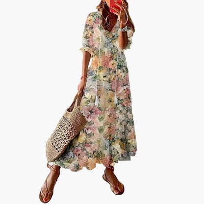 Women's Long Bohemian Dress – Long Summer Dress with Flower Print, Ideal for Beach & Leisure