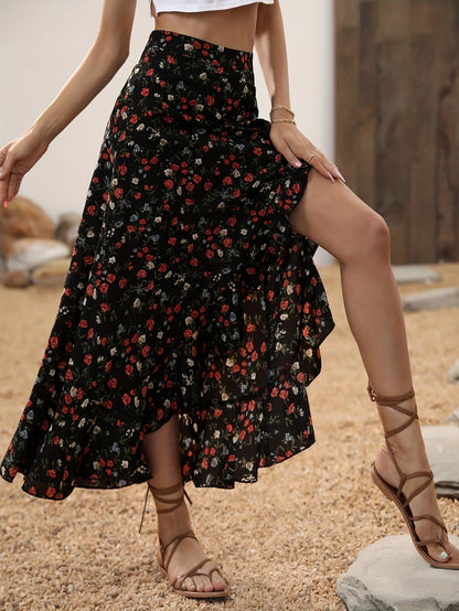 Women's Maxi Skirt with Floral Pattern, Elegant Summer Skirt, High Slit, Perfect for Leisure and Vacation