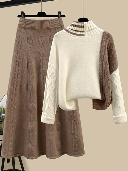 Women's knitted set with a turtleneck sweater and midi skirt