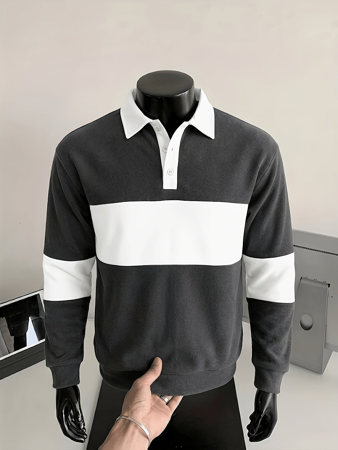 Men's long-sleeve striped rugby shirt with a polo collar, dark gray and black
