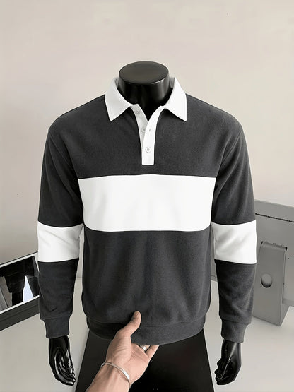 Men's long-sleeve striped rugby shirt with a polo collar, dark gray and black