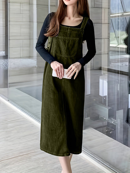 Women's Denim-Look Pinafore Midi Dress with Pocket – Fashionable Casual Dress for Everyday and City Wear