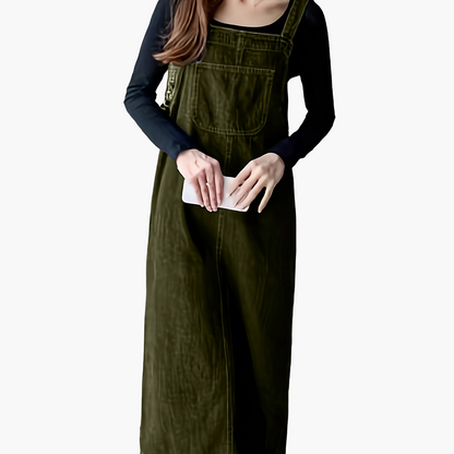 Women's Denim-Look Pinafore Midi Dress with Pocket – Fashionable Casual Dress for Everyday and City Wear