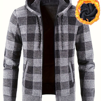 Herren Karierte Strickjacke mit Kapuze und Reißverschluss, gefüttert