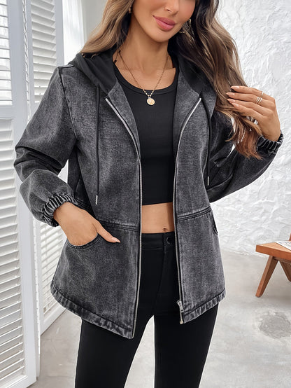 Damen Jacke mit Kapuze und Reißverschluss, Washed-Effekt Grau, Elastische Ärmelbündchen