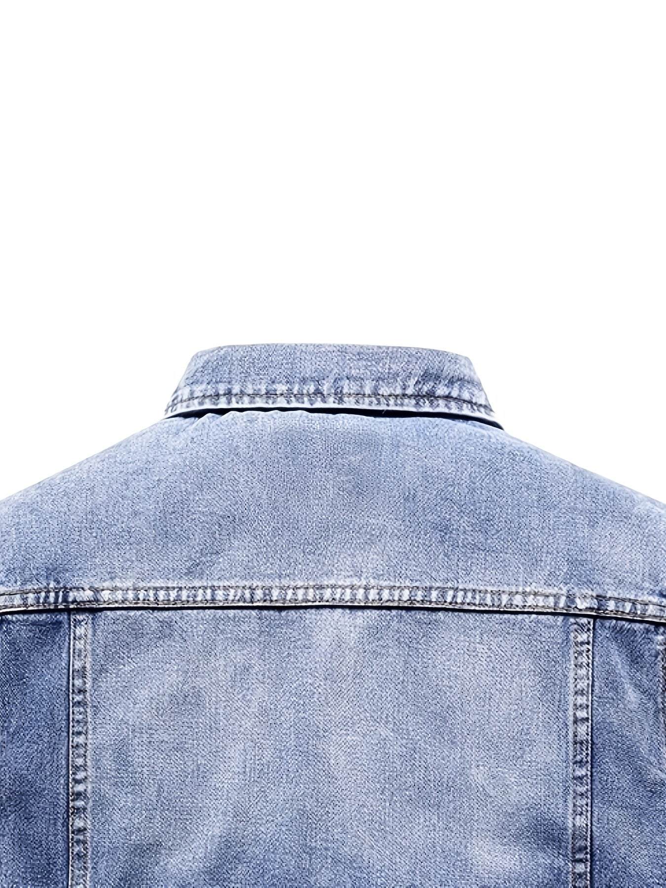 Men's blue sleeveless denim vest with button closure and chest pockets