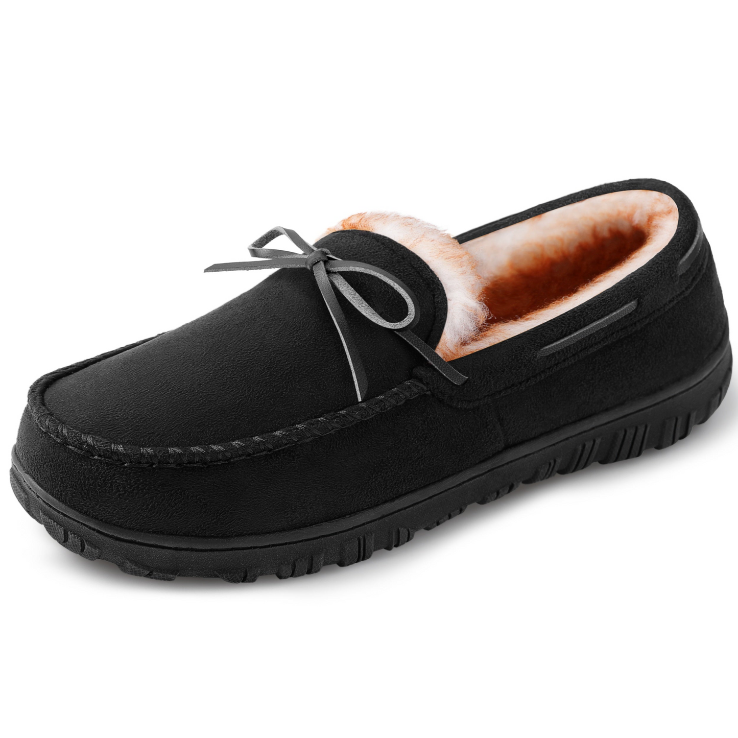 Lined men’s moccasin slippers – warm house slippers with a bow