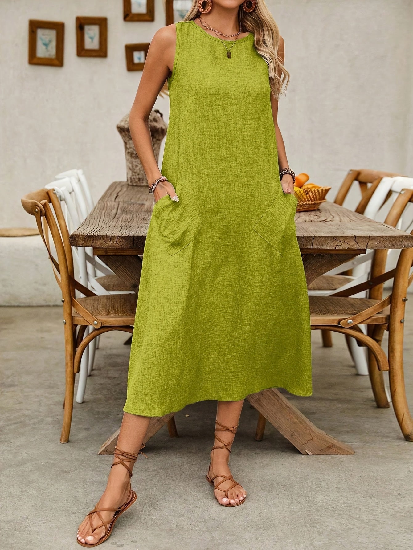 Damen Freizeitkleid ärmellos, lockerer Schnitt, Sommerkleid mit Taschen, Tunika-Stil, ideal für Alltag & Urlaub