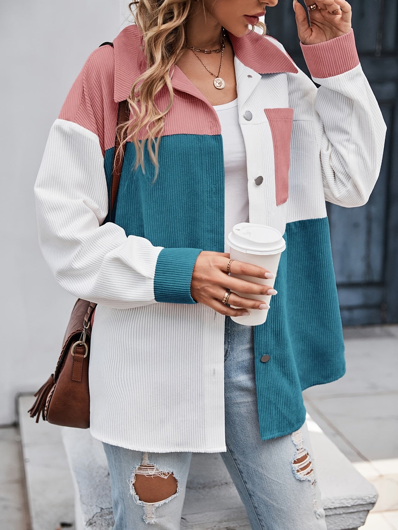 Cordhemdjacke im Colorblocking-Design Langarm Oversized