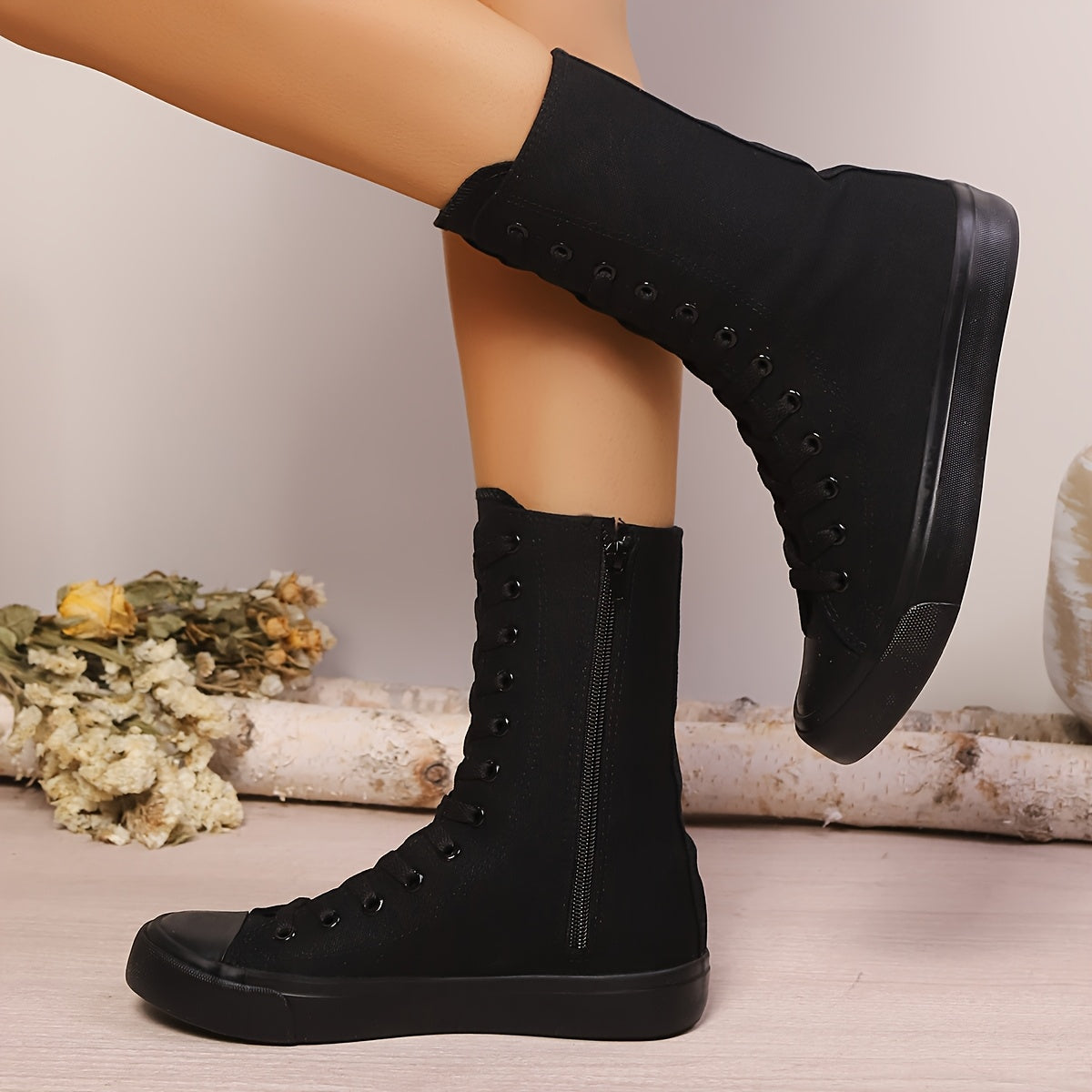 High-top canvas sneaker boots with laces and a zipper for women