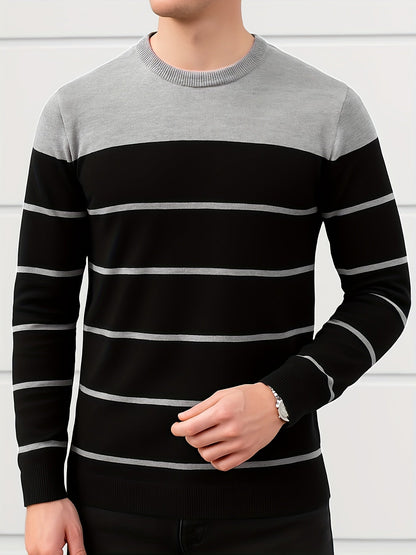 Men's striped crew-neck long-sleeve sweater, green and white