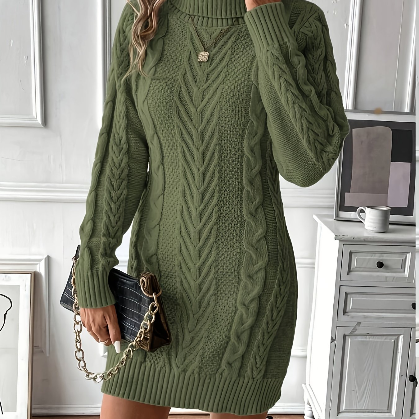 Strickkleid Damen Rollkragen Zopfmuster Langarm