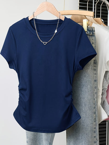 Women's Basic T-Shirt with Crew Neck and Ruching – Everyday & Casual