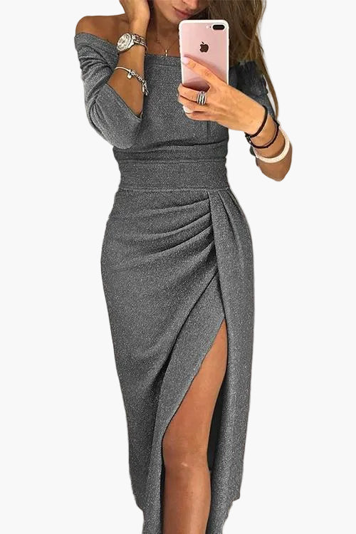 Women's Off-Shoulder Evening Dress with Slit – Elegant Party Dress for Festive Occasions