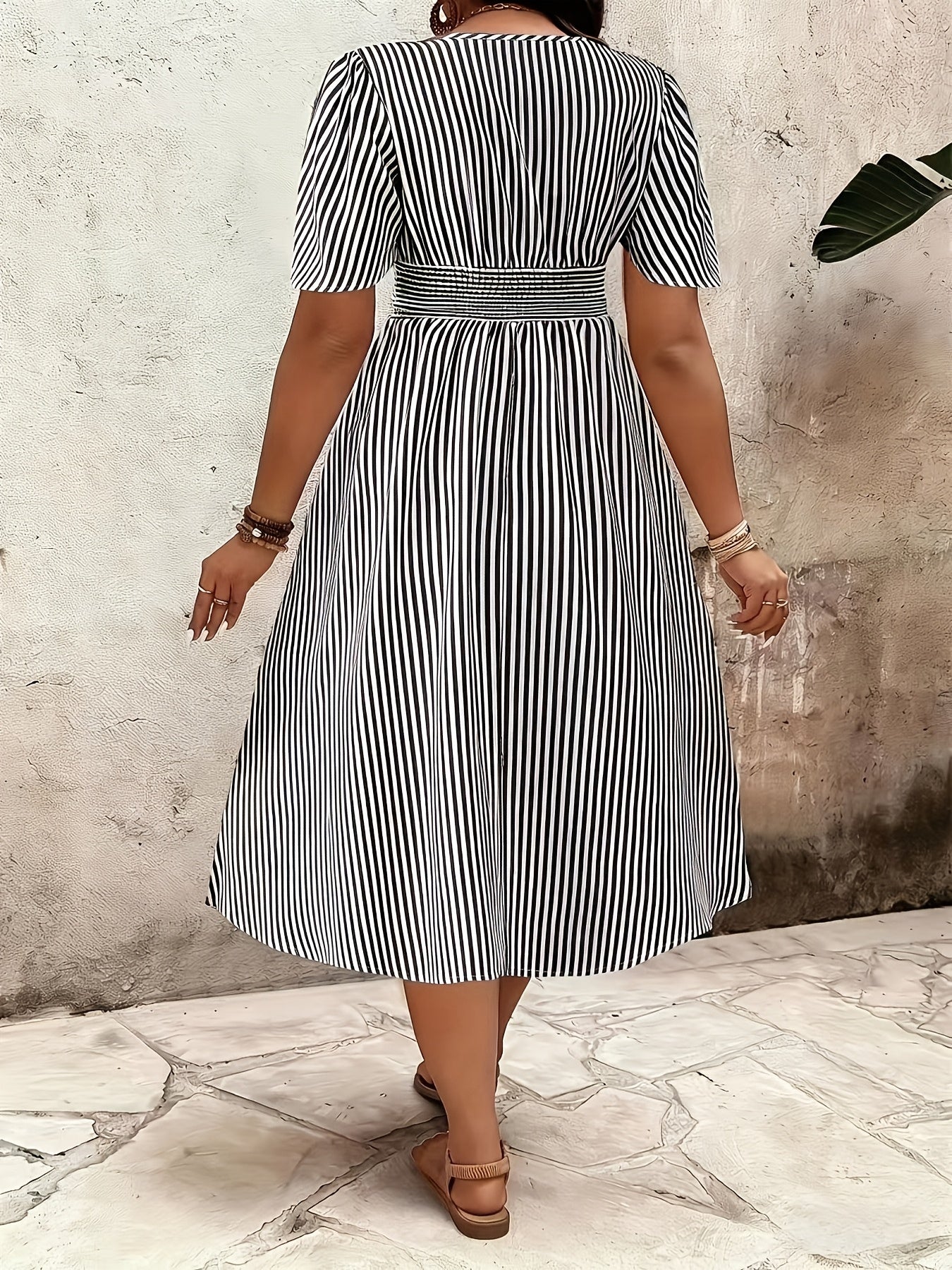 Women's Elegant Striped Midi Dress with V-Neck and Waist Accent for Festive Occasions