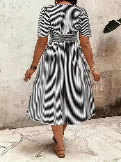 Women's Elegant Striped Midi Dress with V-Neck and Waist Accent for Festive Occasions