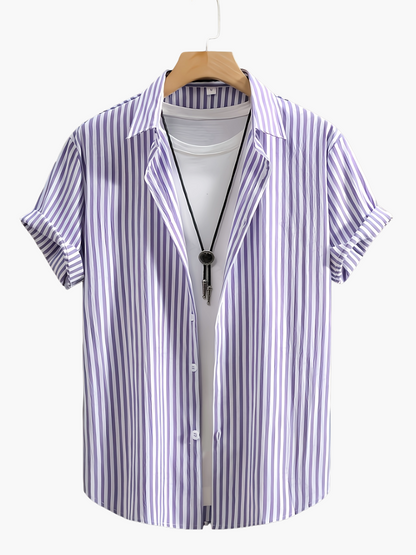 Men's Short-Sleeve Casual Shirt with Stripe Pattern and Open Collar – Summer Casual Shirt