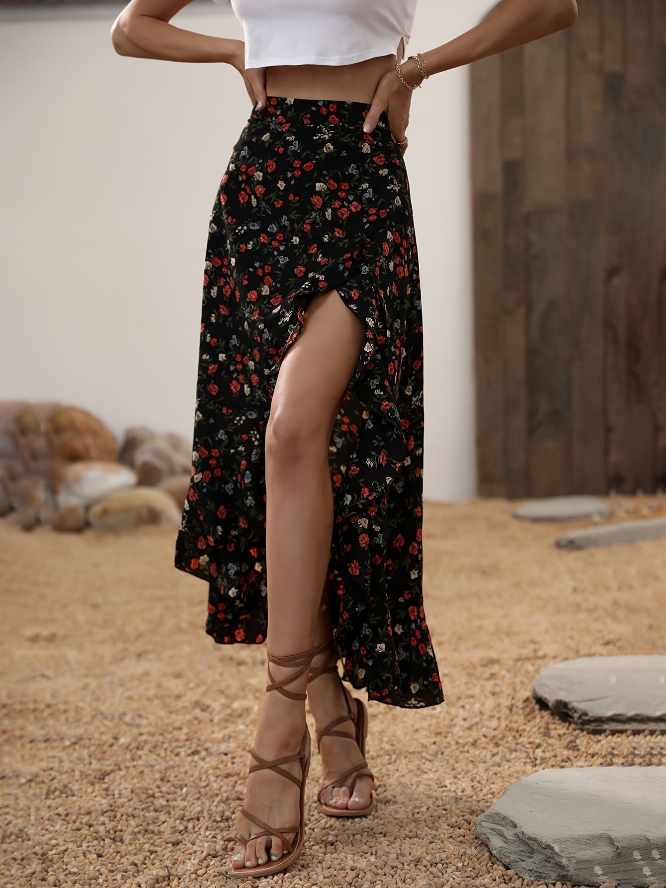 Women's Maxi Skirt with Floral Pattern, Elegant Summer Skirt, High Slit, Perfect for Leisure and Vacation