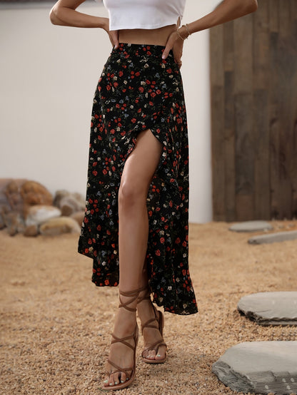 Women's Maxi Skirt with Floral Pattern, Elegant Summer Skirt, High Slit, Perfect for Leisure and Vacation