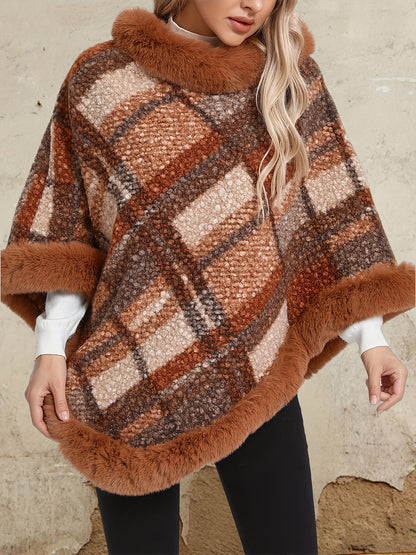 Damen Poncho mit Fellimitatbesatz, kariert, Braun/Grau