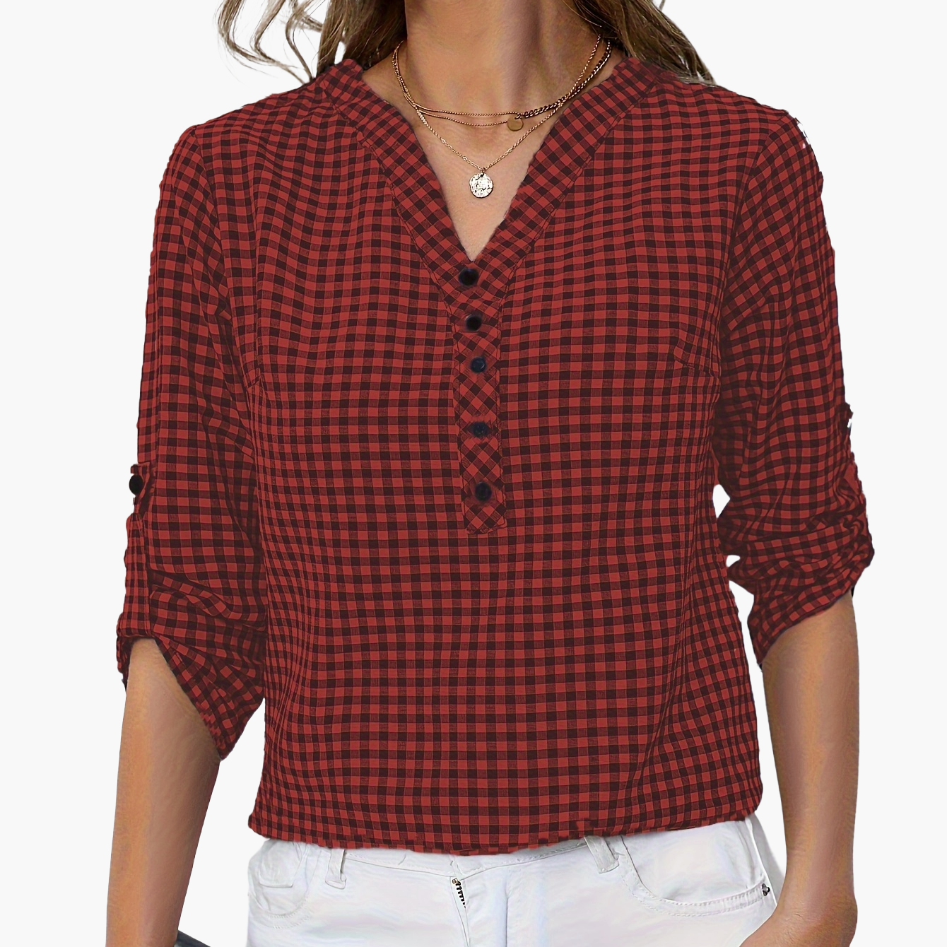 Women's blouse with check pattern and V-neck – casual shirt blouse for spring and summer