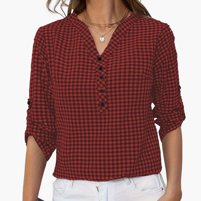 Women's blouse with check pattern and V-neck – casual shirt blouse for spring and summer