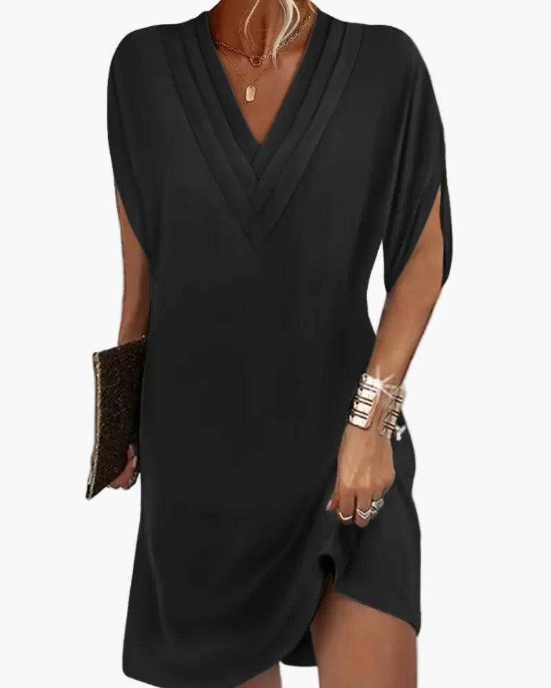 Damen Kleid mit V-Ausschnitt und Schlitzärmeln – Modisches Freizeitkleid für Alltag & Events