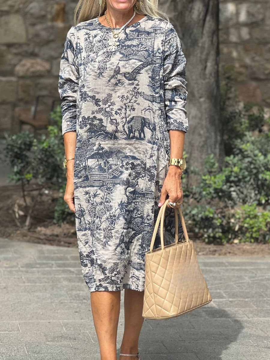 Damen Vintage Freizeitkleid mit Print – Lockeres Langarm Winterkleid für Alltag & Plus Size