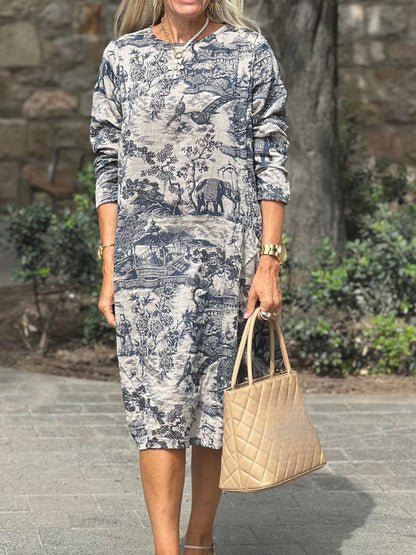 Damen Vintage Freizeitkleid mit Print – Lockeres Langarm Winterkleid für Alltag & Plus Size