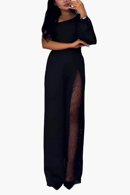 Women's Elegant One-Shoulder Jumpsuit with Wide Leg and Glamour Insert – Perfect for Evening and Party