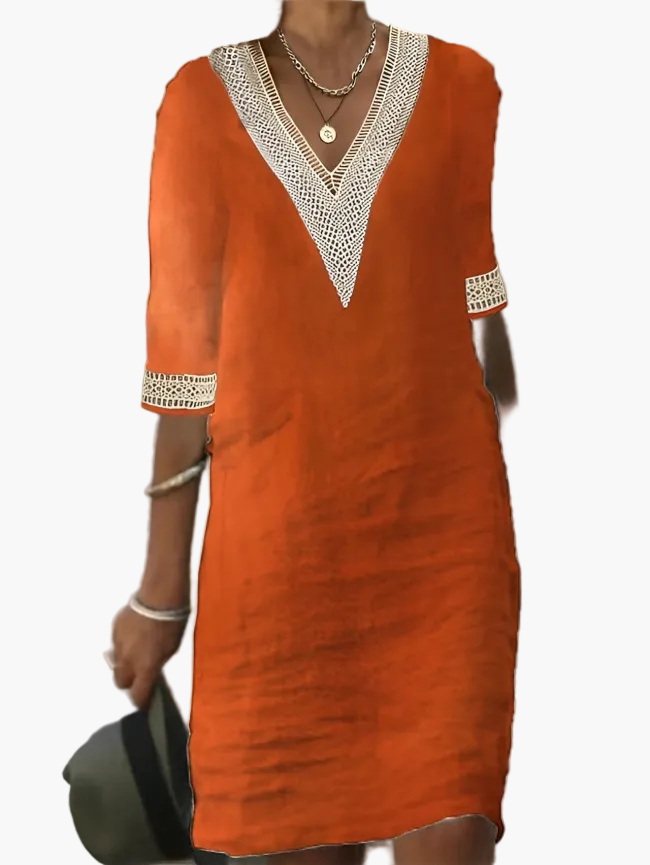 Damen Sommerkleid V-Ausschnitt mit Spitze – Lockeres Freizeitkleid für Alltag, Urlaub & Strand
