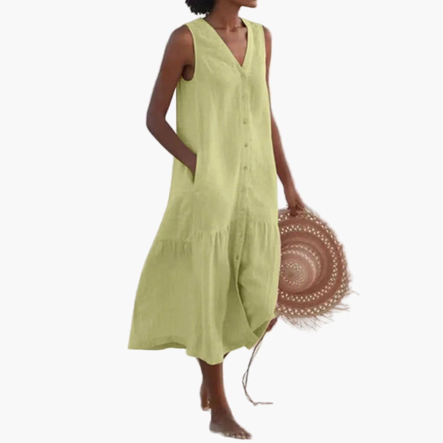 Women's summer beach dress sleeveless with V-neck and button placket – Casual leisurewear