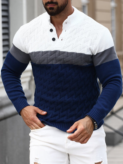 Herren Grobstrick Pullover mit Stehkragen & Knopfleiste, Farbblock-Design, Langarm