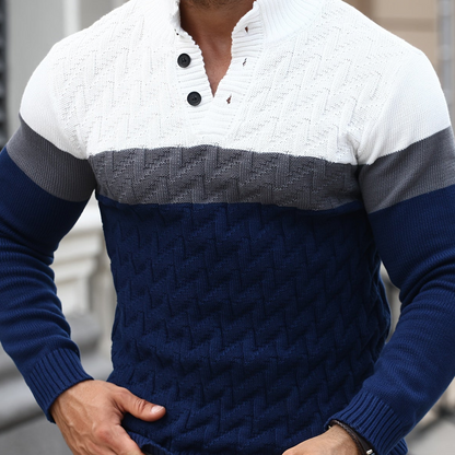 Herren Grobstrick Pullover mit Stehkragen & Knopfleiste, Farbblock-Design, Langarm