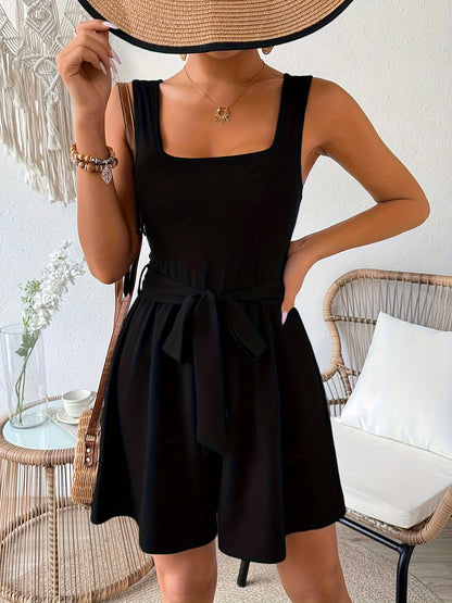 Women's Elegant Jumpsuit with Waist Belt and Square Neck for Spring & Summer
