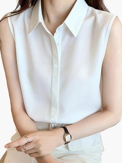 Women's Elegant Sleeveless Blouse with Shirt Collar – Perfect for Office and Everyday Wear