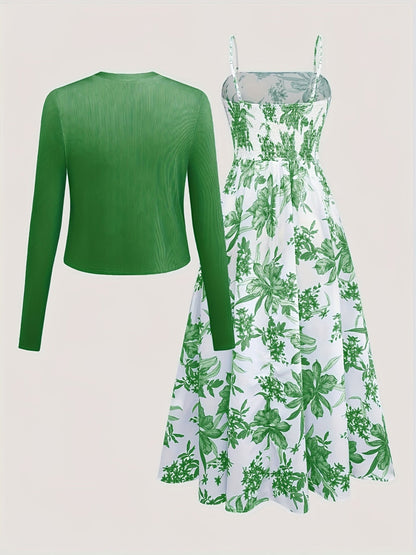 Women's Midi Dress with Floral Pattern and Cardigan Set – Elegant Casual Look for Spring and Summer