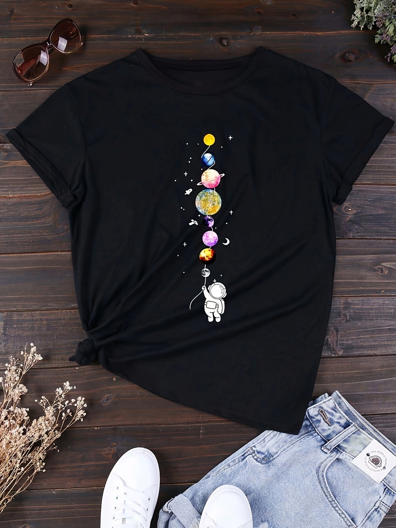 Women's T-Shirt with Astronaut and Planets – Casual Style for Everyday and Leisure – Galaxy & Space Design