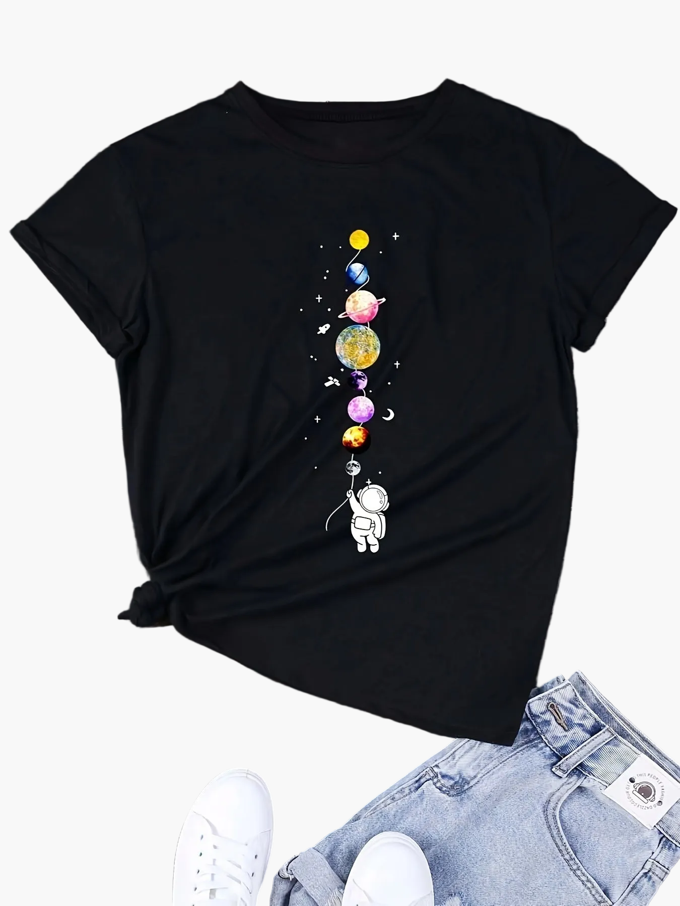 Women's T-Shirt with Astronaut and Planets – Casual Style for Everyday and Leisure – Galaxy & Space Design