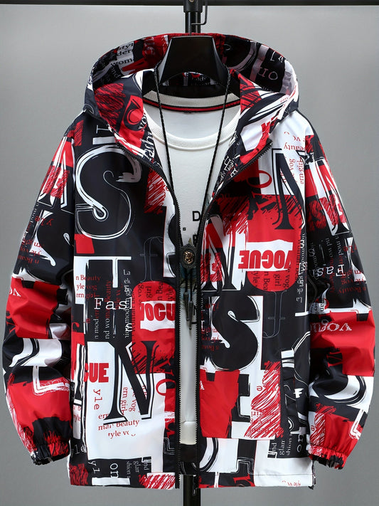 Unisex hooded jacket with all-over print, zip-up windbreaker, red, black, white