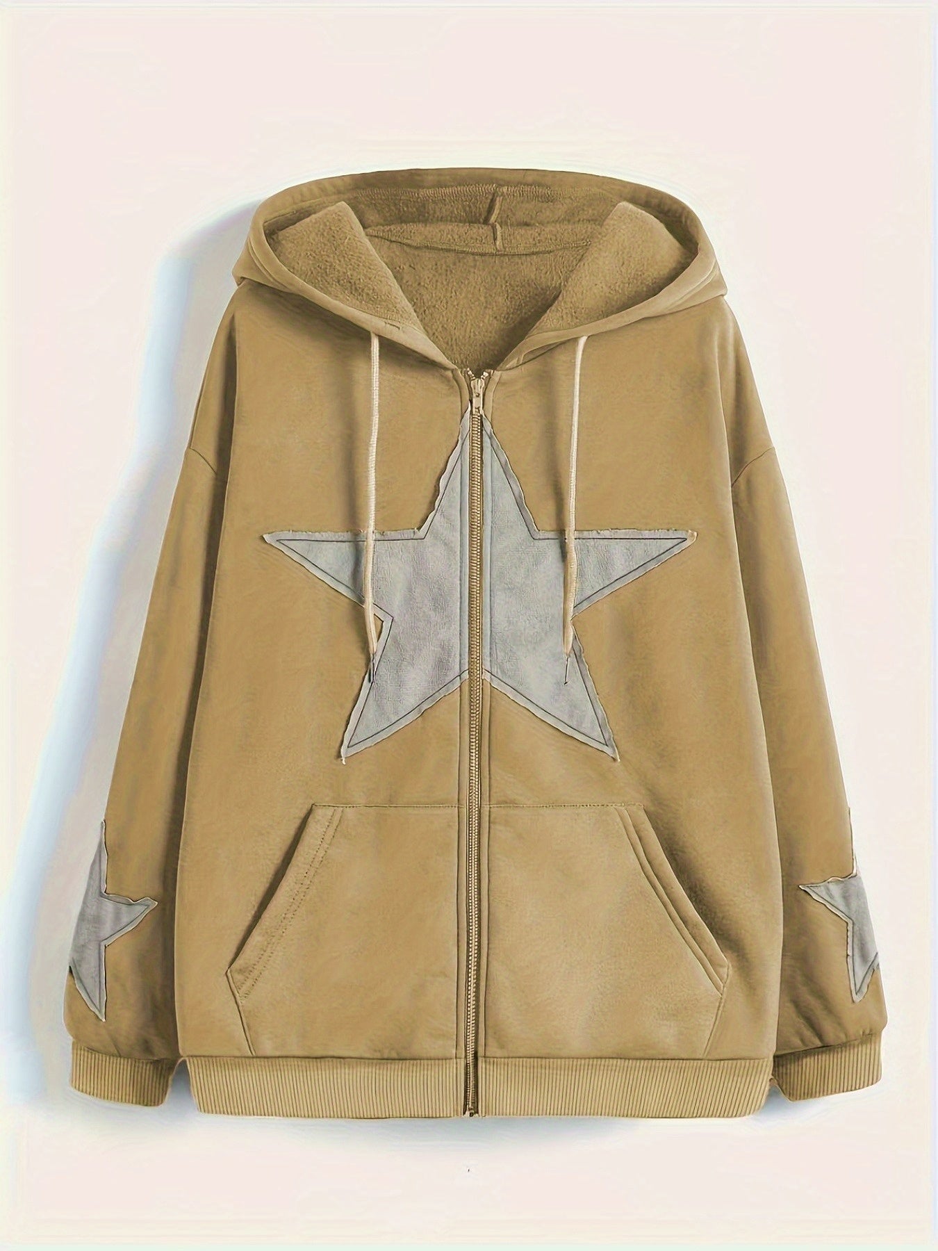 Unisex Kapuzenjacke mit Reißverschluss, Oversize, Stern-Applikationen, Kordelzug, Kängurutaschen