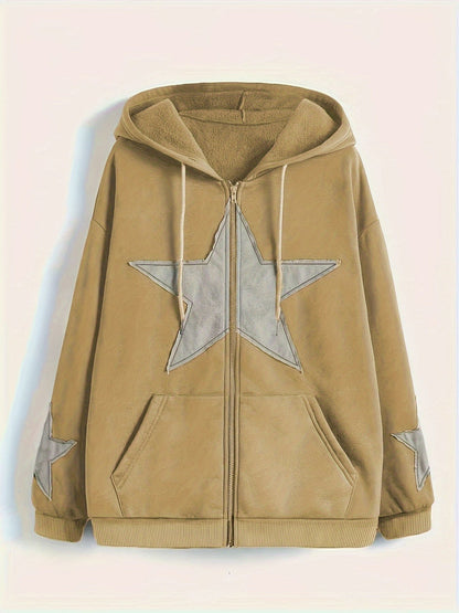 Unisex Kapuzenjacke mit Reißverschluss, Oversize, Stern-Applikationen, Kordelzug, Kängurutaschen