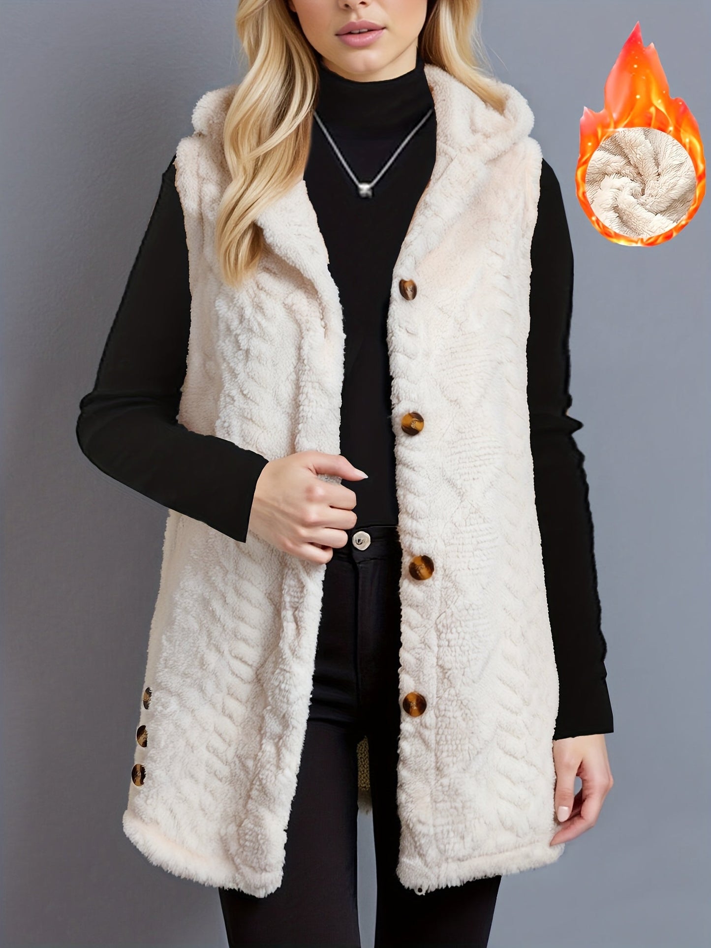 Women's long cream hooded vest with teddy-fur look and buttons