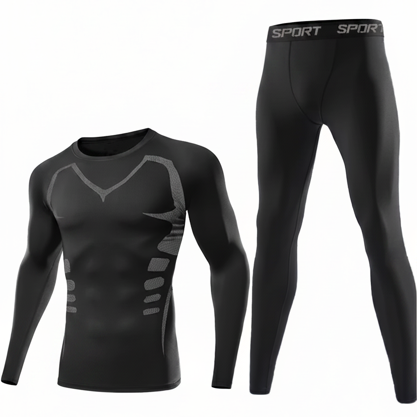 Men's long-sleeve black thermal underwear set with a compression fit