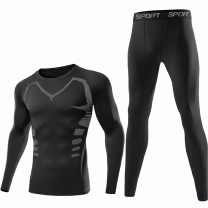 Men's long-sleeve black thermal underwear set with a compression fit