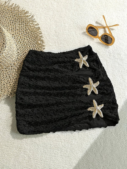 Women's Mini Beach Skirt with Starfish Decoration and Cut-Outs – Summer Beachwear Boho Style