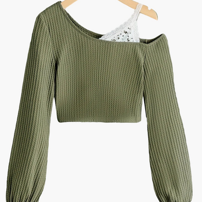 Women's One-Shoulder Sweater with Lace Detail – Fashionable Knit Pullover for Everyday and Leisure Wear