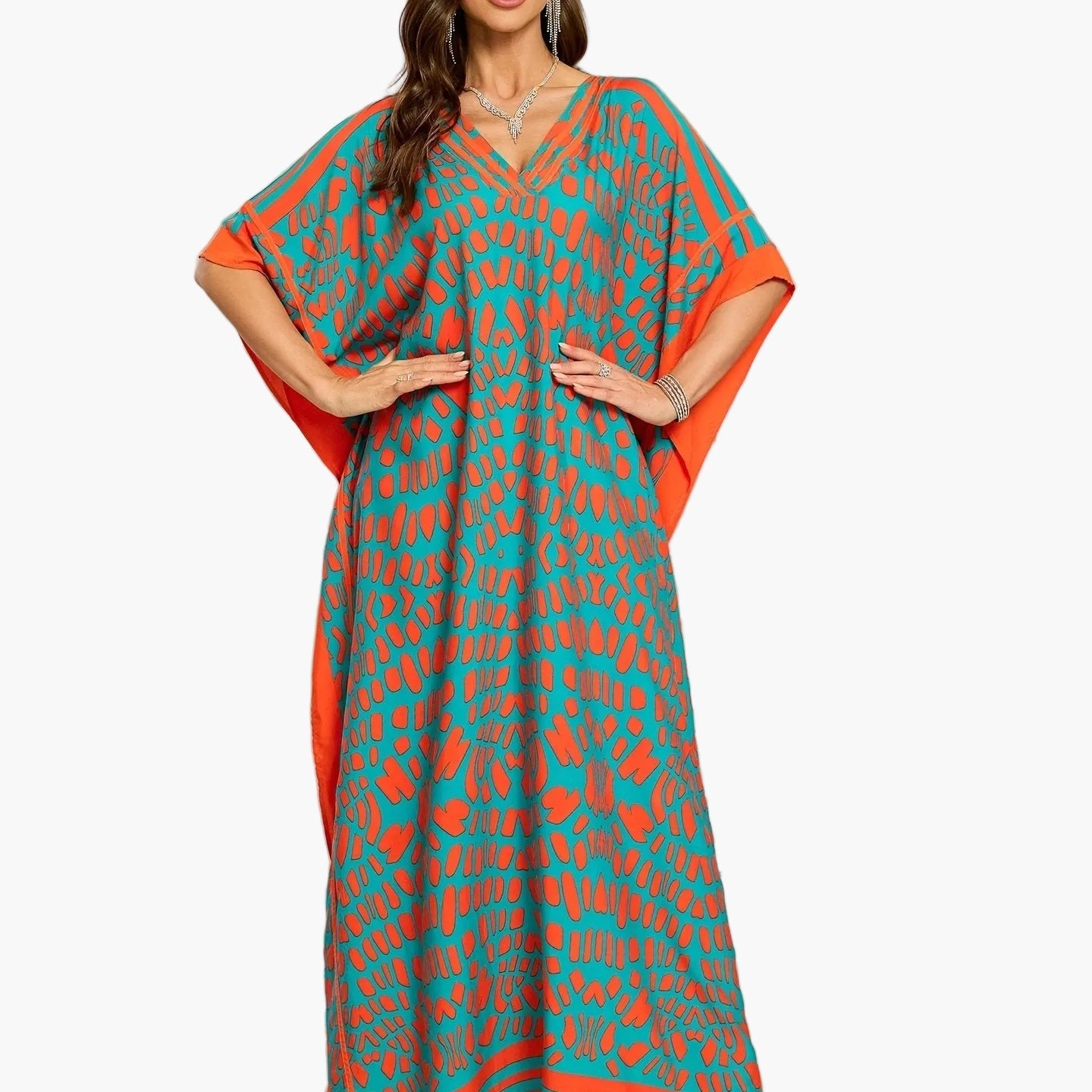 Women's Boho Kaftan Maxi Dress with V-Neck – Elegant Casual Dress for Summer and Vacation