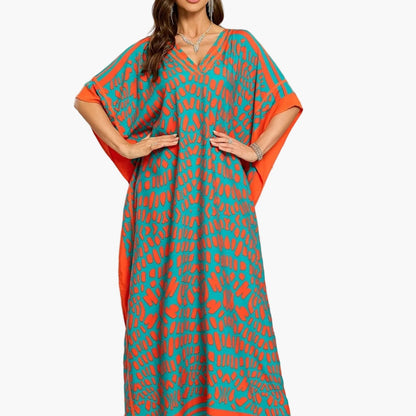 Women's Boho Kaftan Maxi Dress with V-Neck – Elegant Casual Dress for Summer and Vacation
